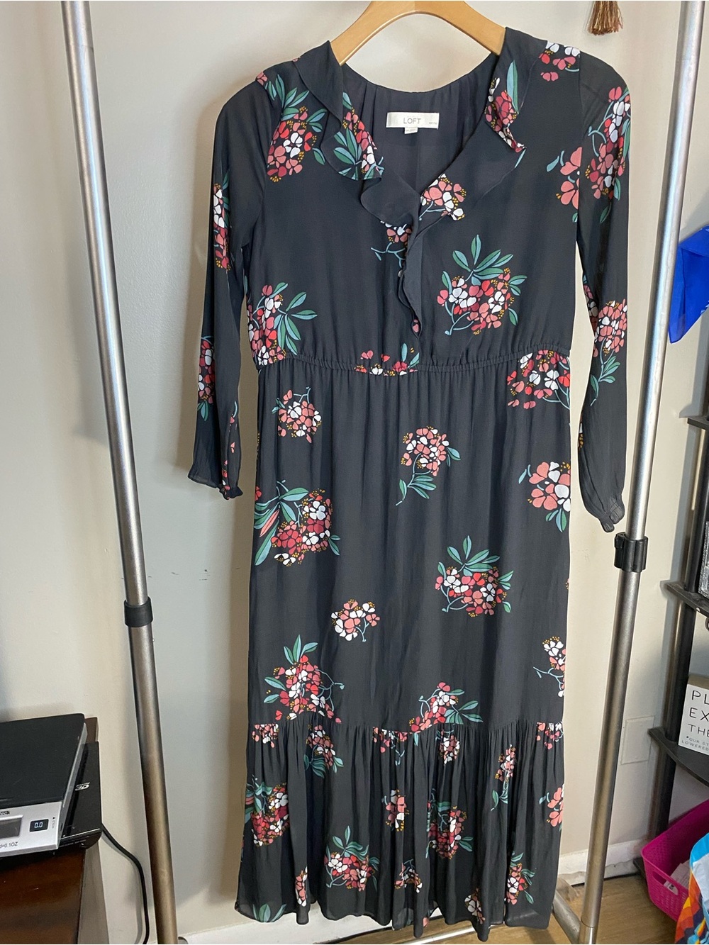 Grannycore midi dress Loft dark long sleeve floral dress, modest fashion